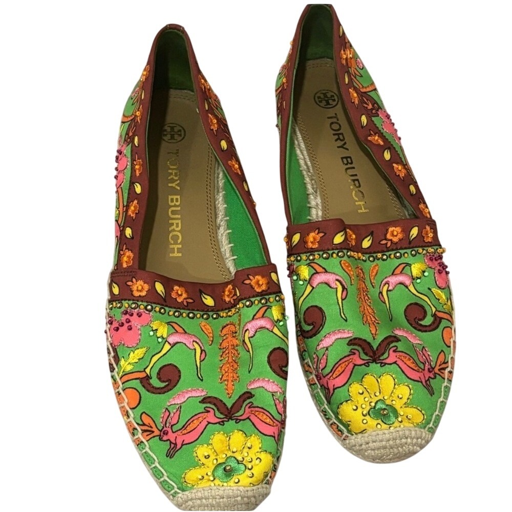 Tory Burch Embroidered Espadrille Flats Green‎ Pink Yellow Women's Shoes